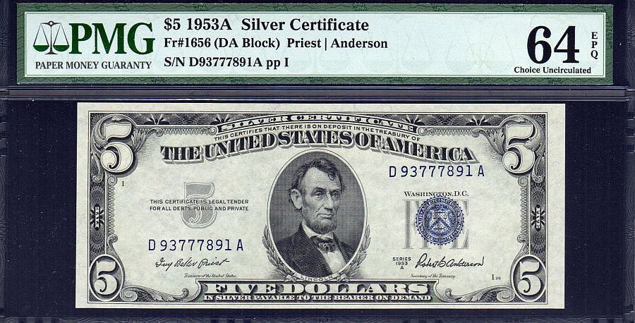 Fr.1656, 1953A $5 Silver Certificate, D-A Block, vCh.CU, PMG64-EPQ